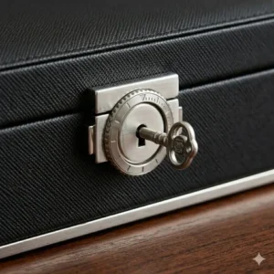 Close-up of a brushed metal lock and key on a modern charcoal grey male jewelry box.