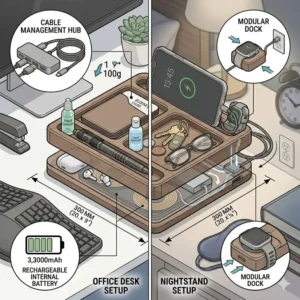 Comparison illustration showing the edc desk organizer used for office supplies and as a bedside valet tray.