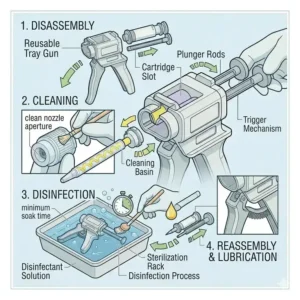 Illustration showing the proper disinfection and maintenance routine for a reusable tray gun.