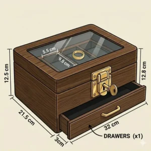 An illustration of a two-tier mens watch jewelry box featuring a pull-out bottom drawer for extra storage.
