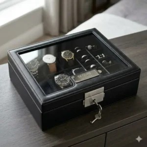 High-security mens jewellery and watch box equipped with an integrated metal lock and key.