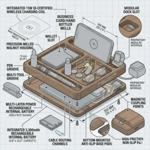 Exploded view illustration showing various slots for keys, coins, and wallets inside a modular edc desk organizer.
