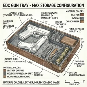 An extra-large edc gun tray featuring multiple compartments for two handguns and magazines.