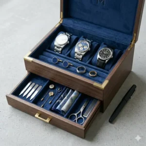 A large two-tier mens storage box with a pull-out drawer for extra accessories.