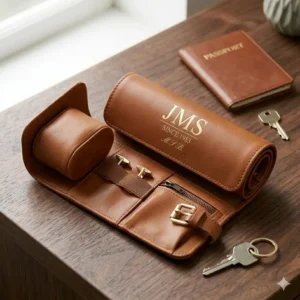 A compact travel-sized personalised mens jewellery box in tan leather, shown next to a passport and keys.