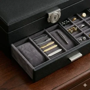 A multi-tier male jewelry box with an open pull-out drawer for storing necklaces and tie clips.