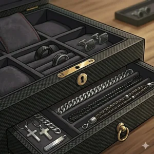 A multi-level black mens jewelry box with a pull-out drawer for organized accessory storage.