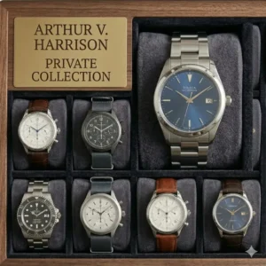 A multi-functional valet tray style mens engraved jewelry box on a wooden dresser top.