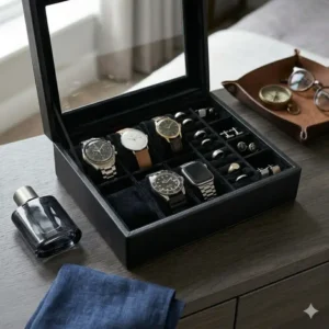 Modern mens jewellery and watch box displayed on a bedroom dresser next to accessories.