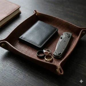 Men’s valet tray leather catch all holding a wallet, pocket knife, and rings.