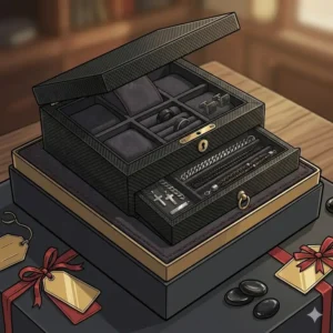 A stylish black mens jewelry box presented in luxury gift packaging with ribbons.