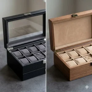 Side-by-side comparison of a black carbon fiber leather and a classic walnut wood mens watch jewelry box.
