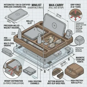 Illustration of a minimalist edc desk organizer setup focusing on sleek aesthetics and essential gear storage.