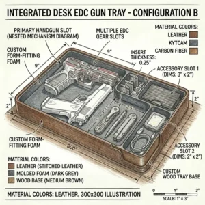 A sleek minimalist edc gun tray integrated into a clean office desk setup.