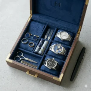 A compact and portable mens storage box designed for travel and luggage organization.