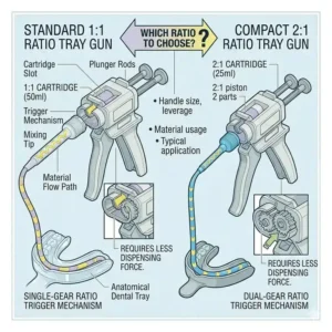 A side-by-side comparison illustration of different tray gun ratios, including 1:1 and 2:1 dispensing models.