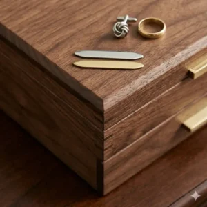 Top-down view of a handcrafted walnut wood male jewelry box showing the natural grain and minimalist design.