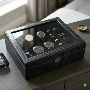 Sporty carbon fiber finish mens jewellery and watch box designed for modern watch collections.