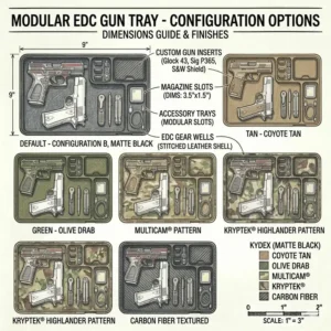 Various custom edc gun tray options shown in different colors including carbon fiber and tan.