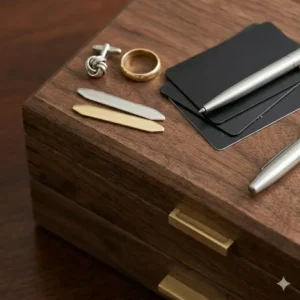 A modern male jewelry box placed next to a smartphone and wallet to demonstrate its desktop footprint.