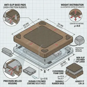 Close-up illustration of the anti-slip rubber padding on the bottom of a heavy-duty edc desk organizer.