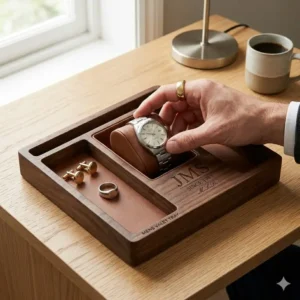 A man picking up a watch from his personalised mens jewellery box located on a home office desk.