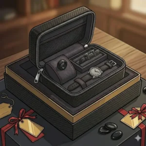 A compact and portable black mens jewelry box designed for travel with a secure zip closure.