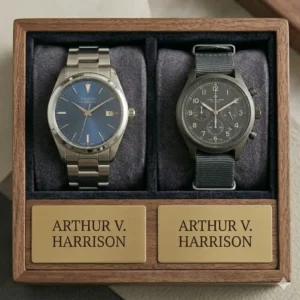 A compact travel-sized mens engraved jewelry box in brown leather with laser-engraved initials.