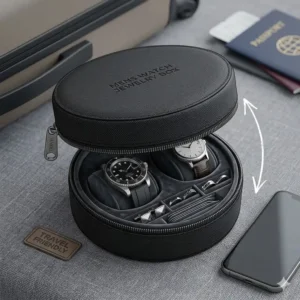 A compact and portable version of a mens watch jewelry box ideal for travel and luggage storage.