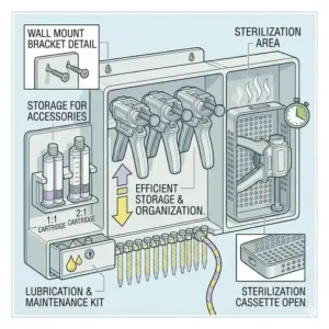 Illustration of a tray gun stored neatly in a medical-grade wall mount or sterilization rack.