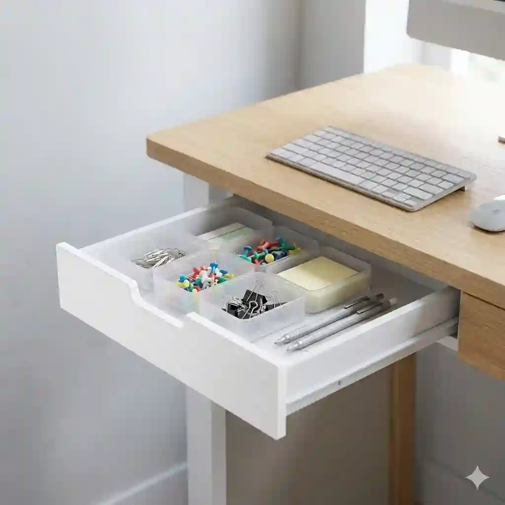 A minimalist small desk drawer organizer on a neat workspace.