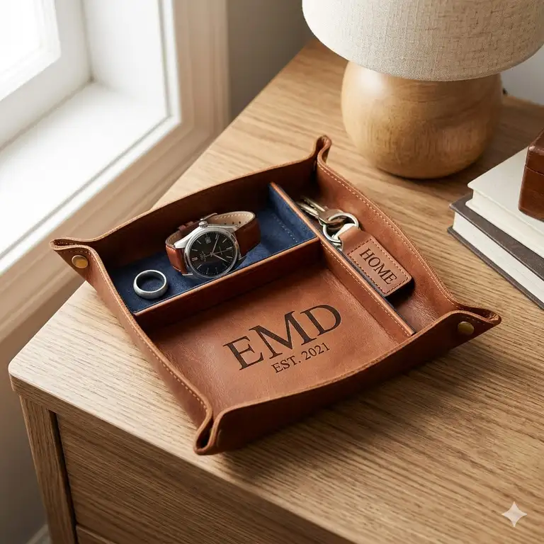A high-quality personalized valet tray in cognac leather holding a watch and wedding ring on a wooden nightstand.