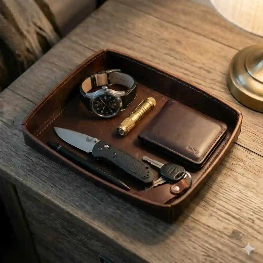 A handcrafted leather edc dump tray on a wooden bedside table holding a folding knife, metal pen, and mechanical watch.