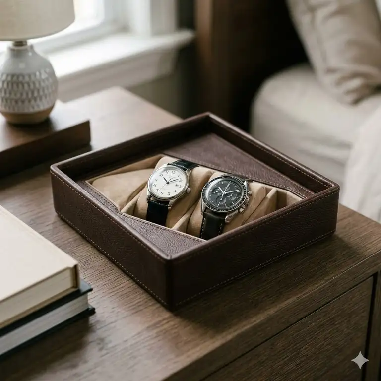 A brown leather watch tray for a luxury dresser with polished timepieces.