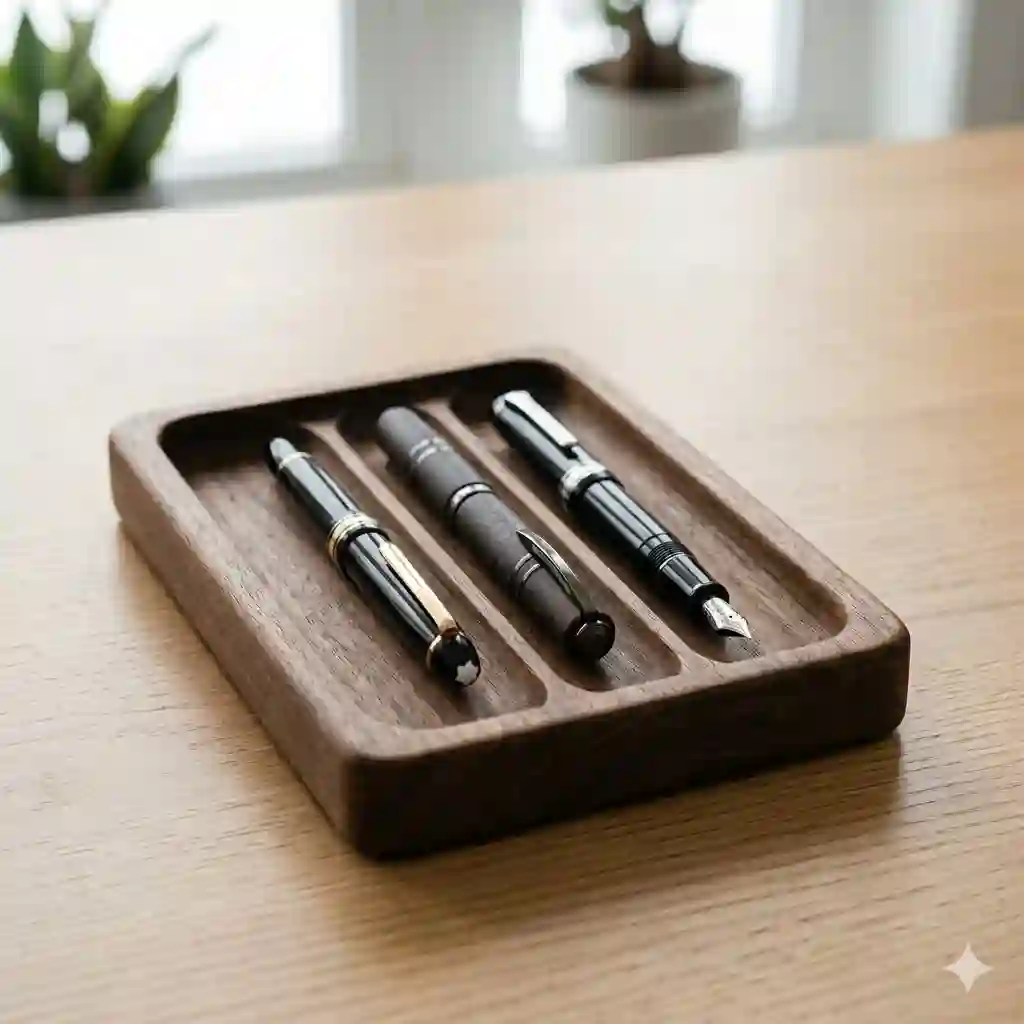 A handcrafted walnut wood pen tray holding luxury fountain pens on a clean, minimalist office desk.