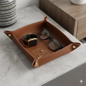 A chic designer catch all tray on a wooden bedside table holding a smartphone, glasses, and jewelry.
