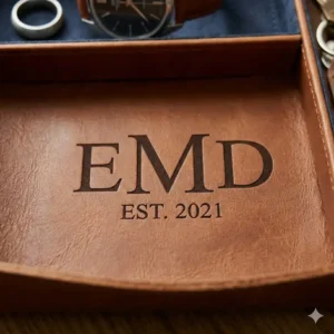 Close-up of a custom monogram laser-engraved onto the center of a personalized valet tray.
