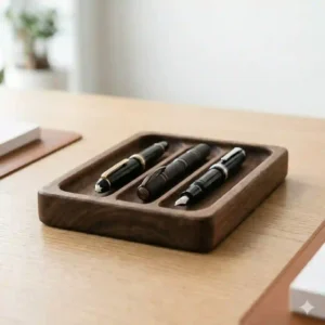 Elegant brown leather pen tray with stitched edges used for high-end stationery storage.