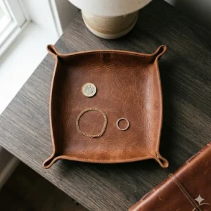Minimalist leather tray used as a bedside nightstand catchall for coins and jewelry.