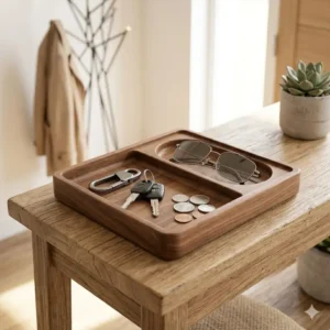 A minimalist wooden mens valet tray resting on an entryway console table holding car keys, loose change, and sunglasses.