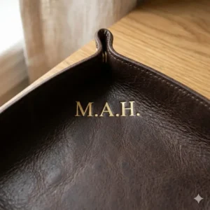 Close-up of a gold embossed monogram on a dark brown custom leather valet tray.