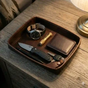 A top-down size comparison guide showing small versus large edc dump tray options for various gear configurations.
