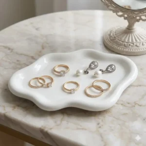 Elegant ceramic small catch all tray used as a rings and earrings organizer on a marble vanity.