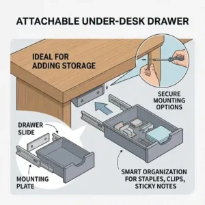 An attachable under-desk small desk drawer providing hidden storage.