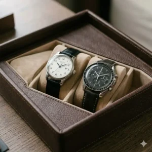 A soft velvet watch tray drawer organizer inside a clean bedroom closet.