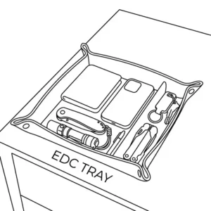 Minimalist illustration demonstrating how an edc tray organizes everyday carry essentials like keys, coins, and a watch.
