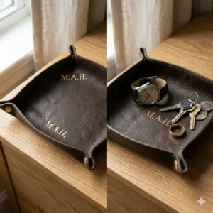 A custom leather valet tray shown in both flat and snapped positions for travel convenience.