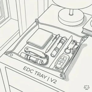 A top-down layout diagram of a multi-compartment edc tray showing dedicated spaces for a phone, wallet, and loose change.