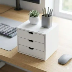 A desktop-based small desk drawer storage unit on a wooden table.