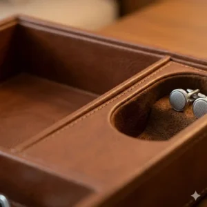 Close-up view of a handmade full-grain leather mens valet tray with detailed perimeter stitching and corner metal snaps.